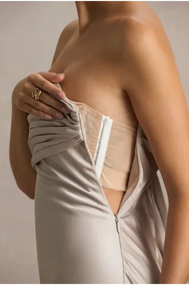 Talulla | Champagne Satin Bandeau Maxi Dress With Ruffled Detail