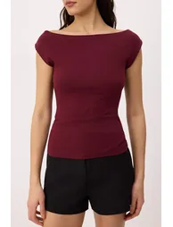 Burgundy Plain Fitted Boat Neck Sleeveless Premium Soft Knitted Blouse - 2