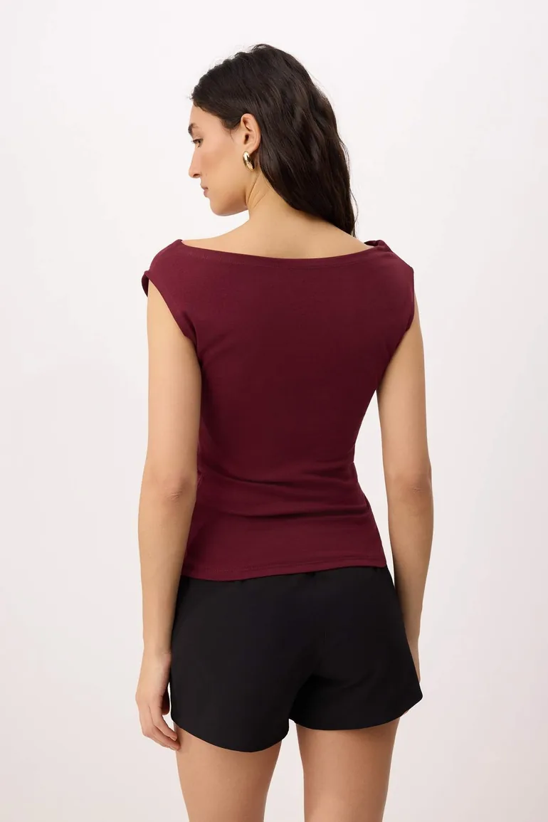 Burgundy Plain Fitted Boat Neck Sleeveless Premium Soft Knitted Blouse - 3