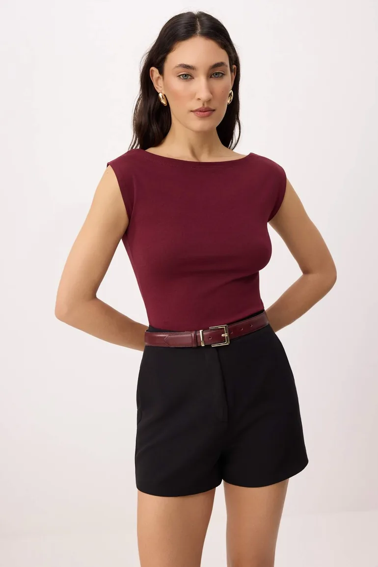 Burgundy Plain Fitted Boat Neck Sleeveless Premium Soft Knitted Blouse