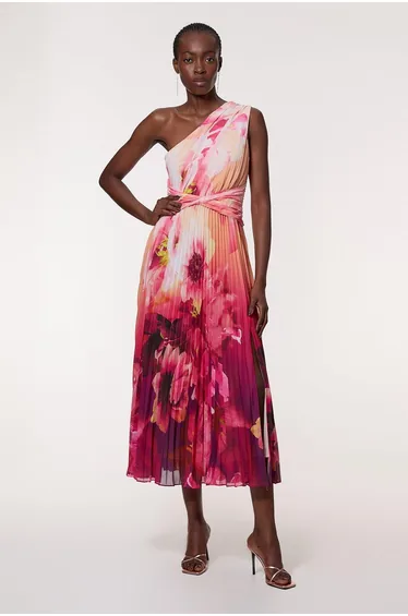 Ombre Floral Soft Pleated One Shoulder Midaxi Dress