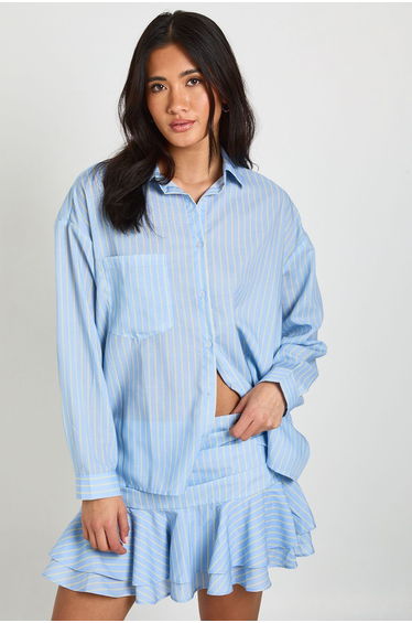 Ruched Ruffle Hem Stripe Mini Skirt - blue