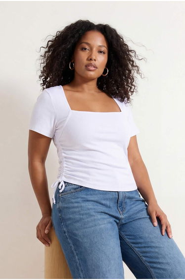 White Square Neck Gathered Camisole Knitted Plus Size Blouse