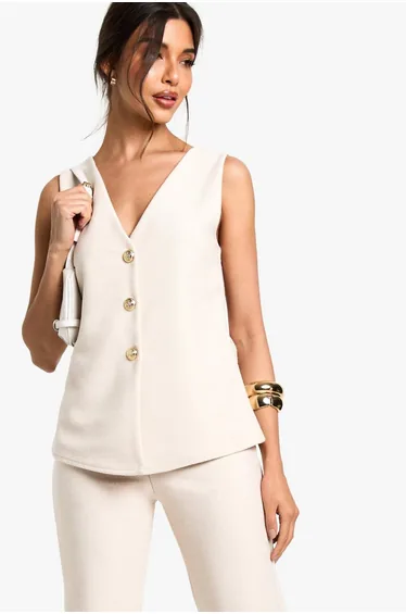 Textured Button through v neck longline waistcoat - cream