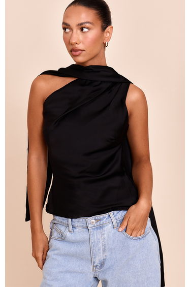 Black Satin Asymmetric Scarf Detail Top
