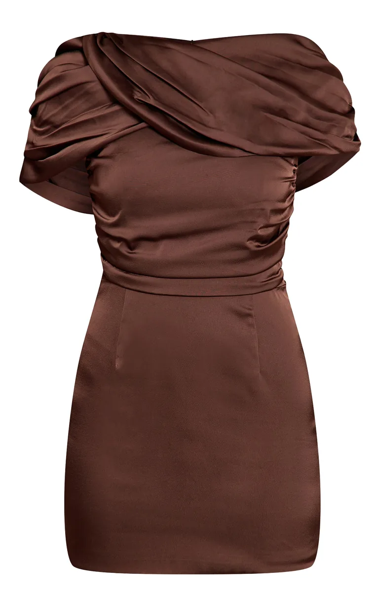 Chocolate Satin Wrap Detail Short Sleeve Mini Dress Prettylittlething Brown  : Party Dresses : VogaCloset Iraq