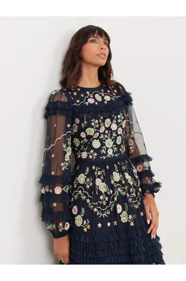 Maya Navy Floral Embroidered Maxi Sleeve Maxi Dress with Frill & Sequin Detail