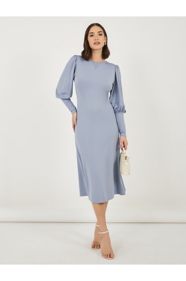 Solid Cuffed Long Sleeves A-Line Midi Dress