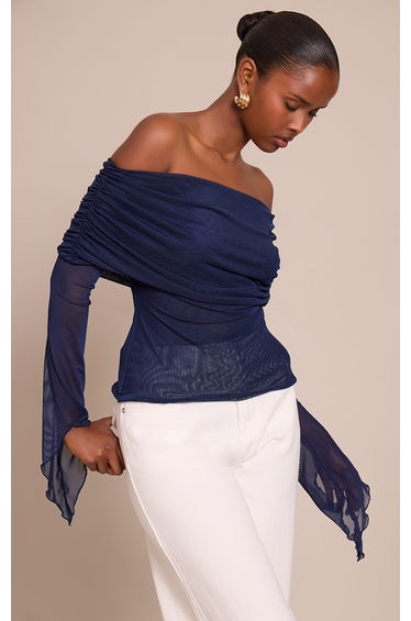 Navy Mesh Fold Over Extreme Sleeve Detail Top