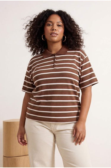 Brown Polo Collar Striped Crop Knitted Plus Size Blouse