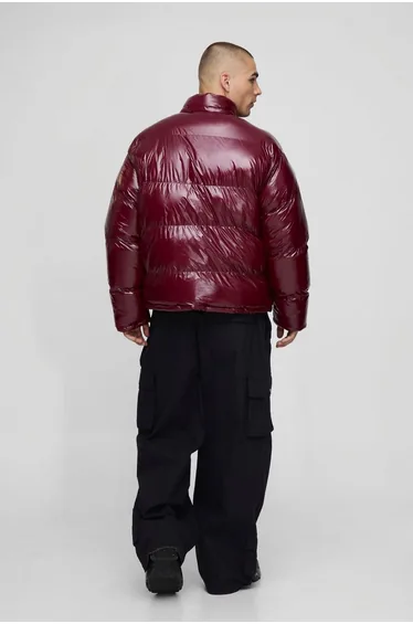 Regular Fit Reversible Mix Fabric Panelled Funnel Neck Puffer Jacket - burgundy