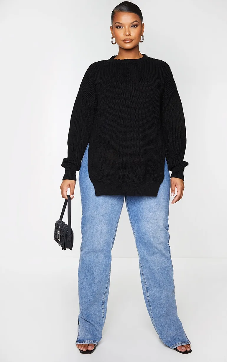 Plus Black Round Neck Side Split Jumper