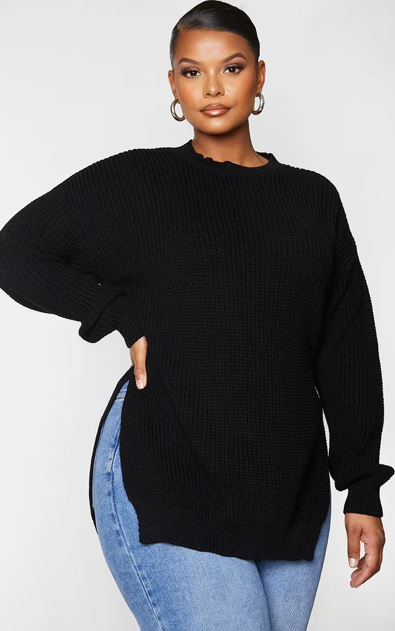 Plus Black Round Neck Side Split Jumper - 1