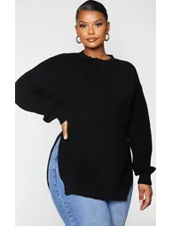 Plus Black Round Neck Side Split Jumper - 1