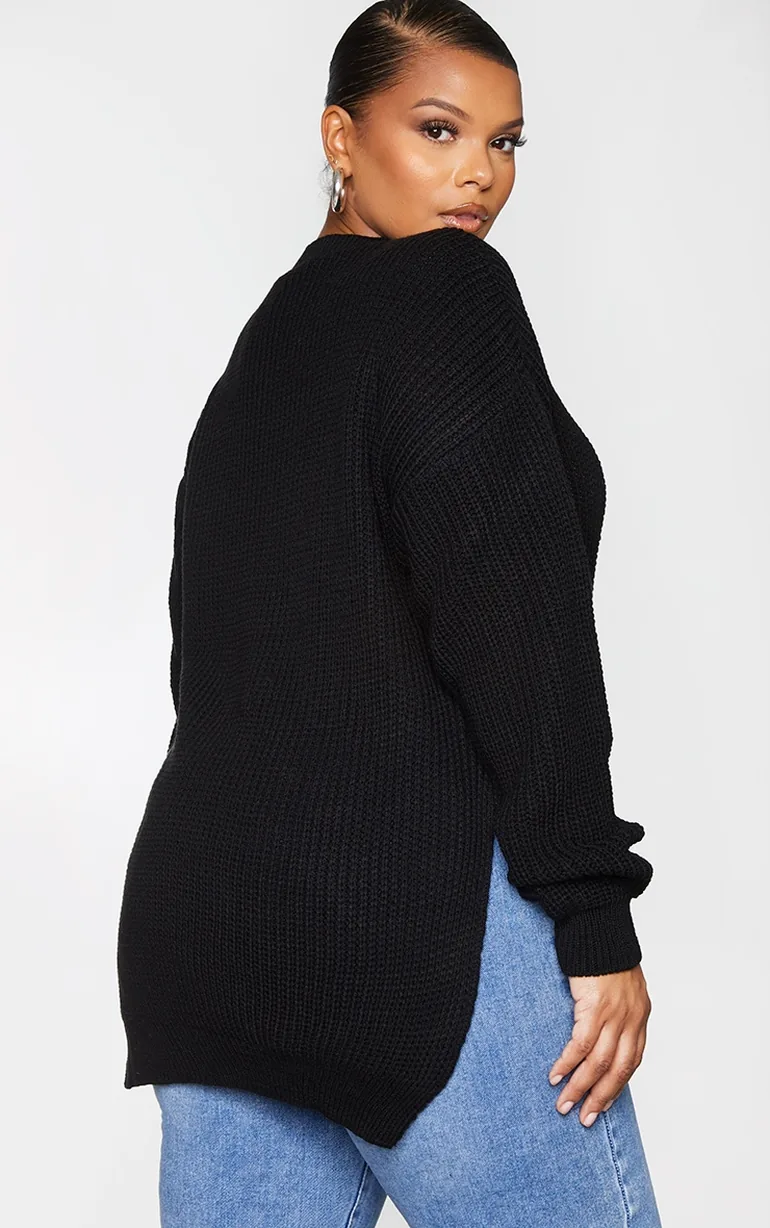 Plus Black Round Neck Side Split Jumper - 2