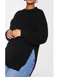 Plus Black Round Neck Side Split Jumper - 3