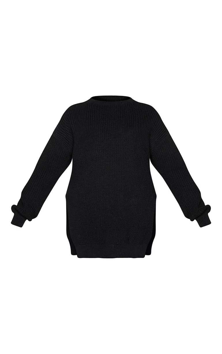 Plus Black Round Neck Side Split Jumper - 4