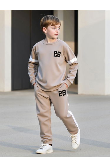 Teens Beige Number Print Sweatshirt and Joggers Set