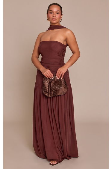 Shape Chocolate Ruched Scarf Dropped Waist Maxi Dress
