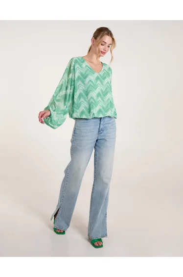 V Neck Zig Zag Puffball Top