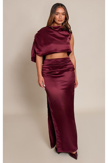 Shape Burgundy Satin Cowl Drape Top