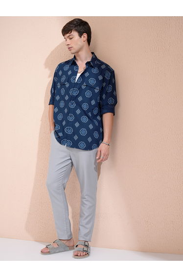 Printed Oversized Collared Shirt with Pockets