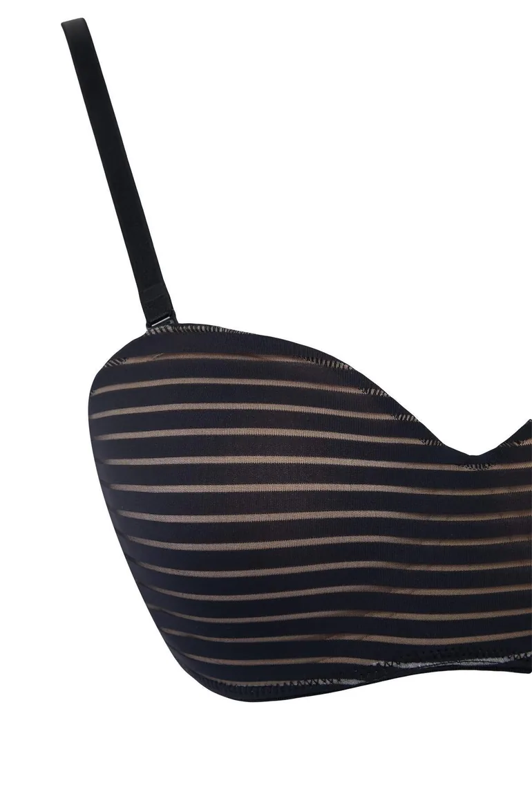 Black-Multicolor Micro Striped Covered Strapless Strap Knitted Bra - 1
