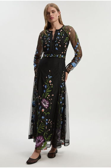 Petite Placed Floral Embroidered Mesh Woven Belted Maxi Dress