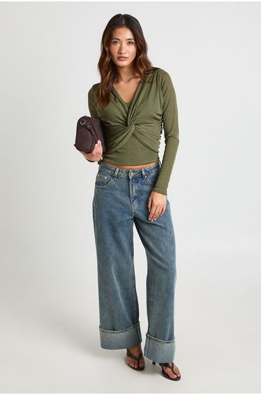 Sheer Textured Twist Front Long Sleeve Top - khaki