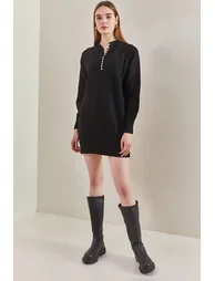 Women's Striped Buttoned Soft Sweater Dress - 3