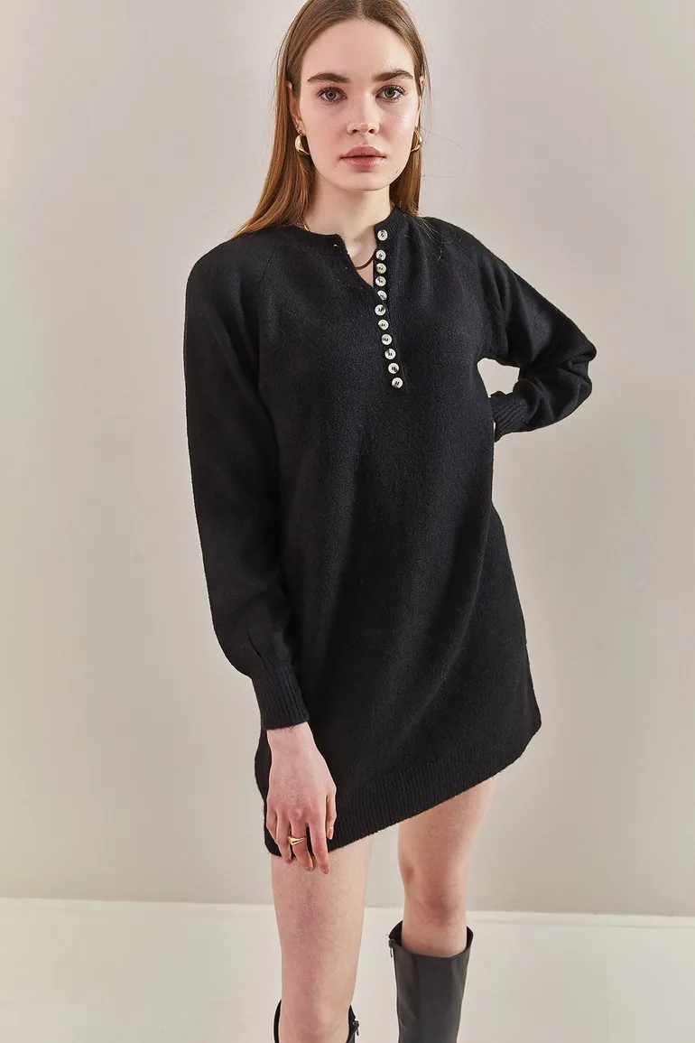 Women's Striped Buttoned Soft Sweater Dress