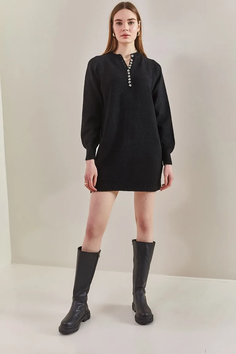 Women's Striped Buttoned Soft Sweater Dress - 2