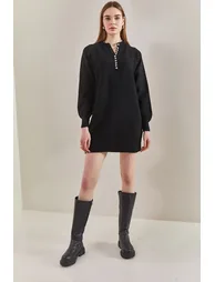 Women's Striped Buttoned Soft Sweater Dress - 2