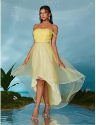 Leely Elegant Off The Shoulder Sleeveless Asymmetrical hem Party Dress - 1