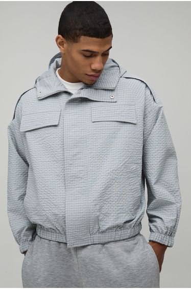 Oversized Boxy Check Funnel Hood Cagoule - grey
