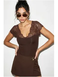 LUCCI Lace V-Neck Short Sleeve Bodysuit - 1