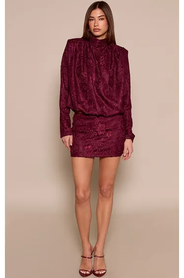 Wine Lace Shoulder Pad Draped Top