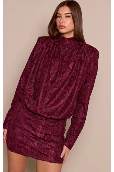 Wine Lace Shoulder Pad Draped Top
