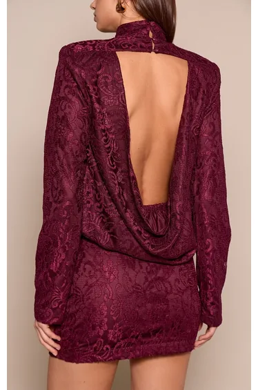 Wine Lace Shoulder Pad Draped Top