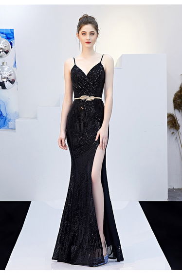 Split Side Sequined Wrap Cami Gown in Black