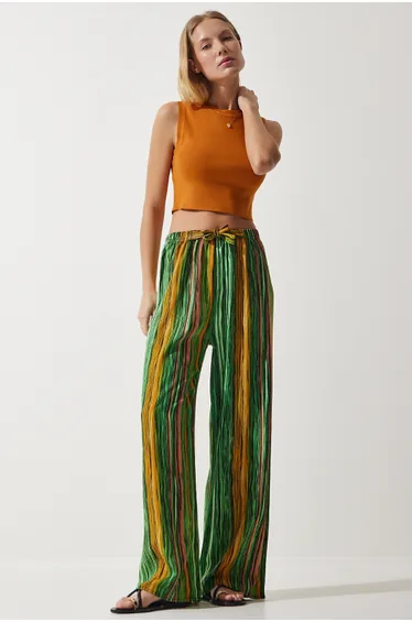 Women's Green Yellow Patterned Flowing Viscose Palazzo Trousers