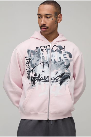 Oversized Boxy Bright Spray Graffiti Print Zip Through Hoodie - light pink
