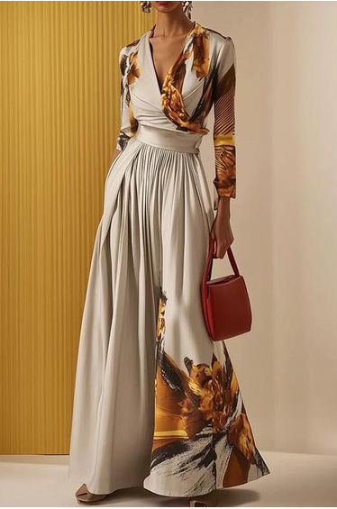 Long Sleeves Loose Floral Printed Pleated Split-Joint V-Neck Jumpsuits