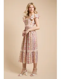 Frill Sleeve Tiered Hem Printed Poplin Midi Dress