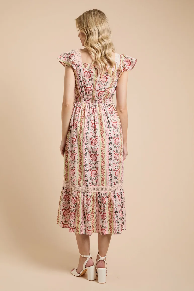 Frill Sleeve Tiered Hem Printed Poplin Midi Dress - 2