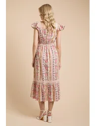 Frill Sleeve Tiered Hem Printed Poplin Midi Dress - 2