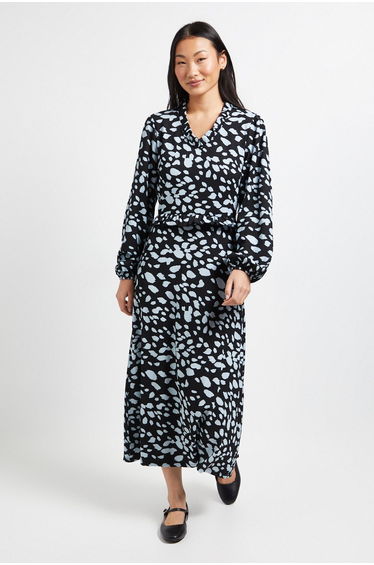 Petite Animal Frill Scoop Neck Blouson Sleeve Jersey Midi Dress