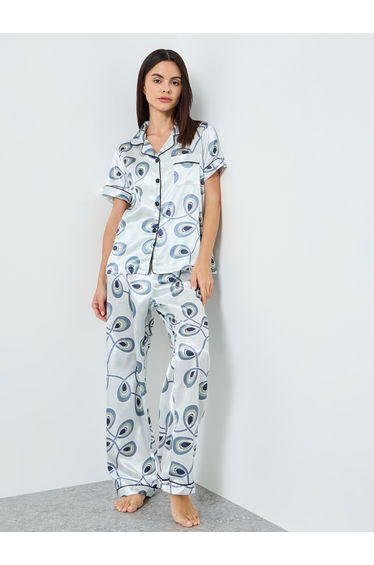 Women Graphic Printed Short Sleeve Shirt and Pyjama Set