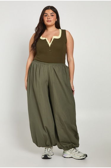 Plus Ribbed Contrast Henley Button Vest Top - khaki