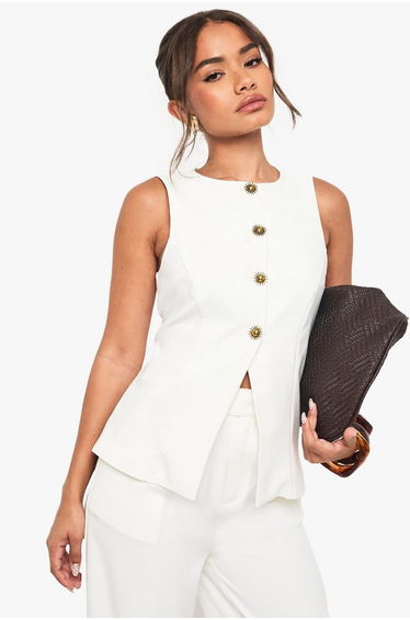 Sunshine Gold Trim Fitted Waistcoat - white